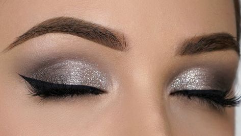 Silver Makeup Looks For Wedding, Silver Glitter Eye Makeup Tutorial, Easy Silver Eye Makeup, Silver Eyeshadow Tutorial, Smokey Silver Eye Makeup, Gray Eyeshadow Looks, Silver Eye Look, Denitslava Instagram, Silver Smokey Eye Makeup