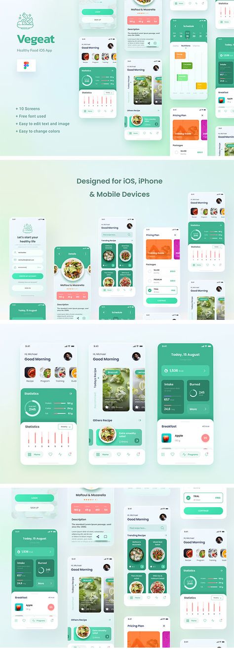 Vegeat - Healthy Food iOS App Design Figma Preview - ThemeForest Healthy Food App Design, Nutrition App Ui Design, Healthy Food App, Food App Design, Grocery List App, Meal Planner App, Diary App, Diet App, Nutrition App