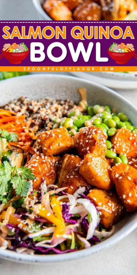 Enjoy these flavorful Salmon Quinoa Bowls made with a sweet chili glazed salmon, quinoa, mango slaw, and other delicious bowl toppings. It’s great for meal prep and is full of fresh flavor! Sweet Chili Salmon Bowl, Siracha Salmon, Salmon Quinoa Bowl, Chili Glazed Salmon, Salmon Bowls, Salmon Quinoa, Mango Slaw, Salmon Poke, Quinoa Bowls