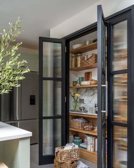 31 Pantry Door Ideas to Transform Your Kitchen with Style - placeideal.com Narrow Walk In Pantry Barn Door, Large Pantry Door Ideas, Black French Doors Pantry, Glass Door Pantry Cabinet, Pocket Pantry Door Ideas, Pantry Without Door, Stained Glass Pantry Door, Sliding Door For Pantry, Small Kitchen Pantry Cabinet