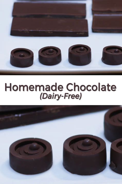 Homemade chocolate dairy-free pin for Pinterest Chocolate At Home, Homemade Dark Chocolate, Dark Chocolate Recipes, Homemade Chocolate Bars, Easy Candy Recipes, Dark Chocolate Candy, Chocolate Candy Recipes, Chocolate Recipes Homemade, Making Chocolate