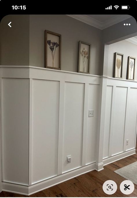 Shoulder Height Wainscoting, Bead Board Walls Entryway, Wood Bead Board Walls, Foyer Wall Design, Hallway Trim, Tall Wainscoting, Batten Board, Hallway Makeover, Wainscoting Styles