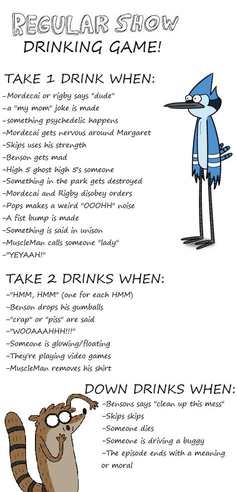 Regular show drinking game funny junk.com Adventure Time Drinking Game, Rick And Morty Drinking Game, Regular Show Birthday Party Ideas, Movie Drinking Games Netflix Hilarious, Regular Show Funny, Show Drinking Games, Friends Drinking Game, Tv Show Drinking Games, Movie Drinking Games