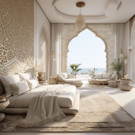 Modern Arabian Interior Design, Moroccan Living Room Modern, Arabic Bedroom Design, Arab House Design, Arab Interior Design, Arab Bedroom, Arabian Bedroom Ideas, Islamic Bedroom, Arabic Bedroom