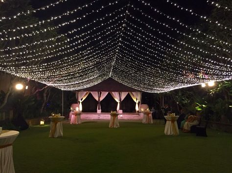 On the lawn Outdoor Reception Stage Decorations, Outdoor Reception Stage, Wedding Stage Ideas, Wedding Lawn, Lawn Wedding, Reception Stage, Diy Wedding Reception, Outdoor Stage, Lights Wedding Decor