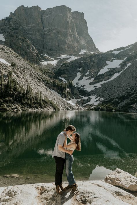 Dream Lake Colorado, Colorado Mountain Engagement Photos, Mountain Engagement Shoot, Rocky Mountain National Park Engagement, Colorado Lakes, Grand Lake Colorado, Mountain Photoshoot, Lake Engagement Photos, Mountain Couple