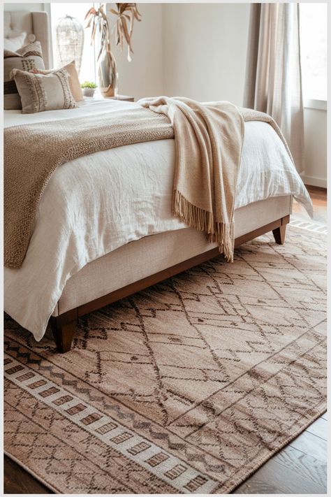 Stylish bedroom with a beige bed, layered blankets, and a patterned rug. Kitchen Flooring Trends, Kitchen Tile Inspiration, Cozy Colors Palette, Ensuite Bathroom Designs, Industrial Chic Kitchen, Rustic Industrial Kitchen, Modern Bedroom Colors, Compact Kitchen Design, Elegant Rug