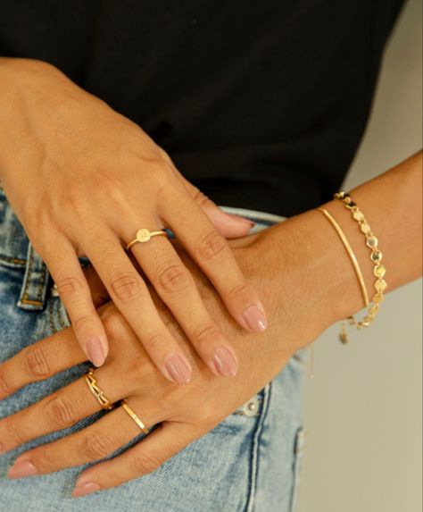 Gold Ring Placement, Gold Rings Both Hands, Simple Ring Stack Both Hands, Bracelet And Ring Combo, Ring Placement Ideas Hands, Ring Combos Gold, How Many Rings Should You Wear, Layered Rings Gold, Ring Hands Aesthetic