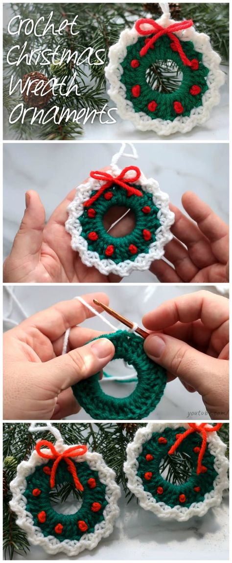 Crochet Christmas Wreath Ornament - Yarnandhooks Crochet Wreath Ornament, Crochet Christmas Wreath, Wreath Ornaments, Crochet Christmas Ornaments Free, Crochet Ornament Patterns, Christmas Crochet Patterns Free, Crocheted Christmas, Crochet Wreath, Wreath Ornament