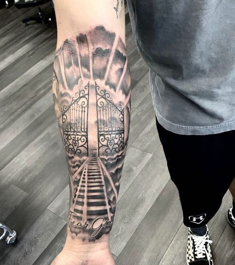 Heaven Tattoos Forearm, God Arm Sleeve Tattoo, God Inspired Tattoos Men, Stair Case To Heaven Tattoo, Heaven Gates Tattoo Stencil, Stairway To Heaven Tattoo Forearm, Biblical Tattoo Sleeve, Inside Forearm Tattoos, Staircase To Heaven Tattoo