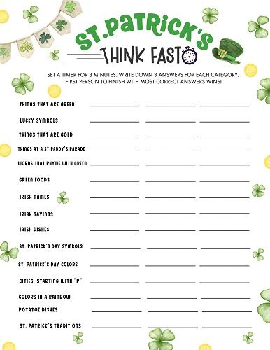 Looking for fun St. Patrick's Day activities for the classroom or for a party? Grab this fun St. Patrick's Day game that's perfect for kids and adults too. This St. Patrick's Day Think Fast game lists several St. Patrick's Day  categories and has guests compete to finsih their sheet before the time is up.  St. Patrick's Day party games. St. Patrick's Day games for classroom.  St. Patrick's Day worksheets. St. Patrick's day fun for kids. Games For Classroom, Think Fast Game, St Patricks Activities, Activities For The Classroom, St Patrick's Day Activities, Irish Names, Lucky Symbols, Irish Quotes, Think Fast