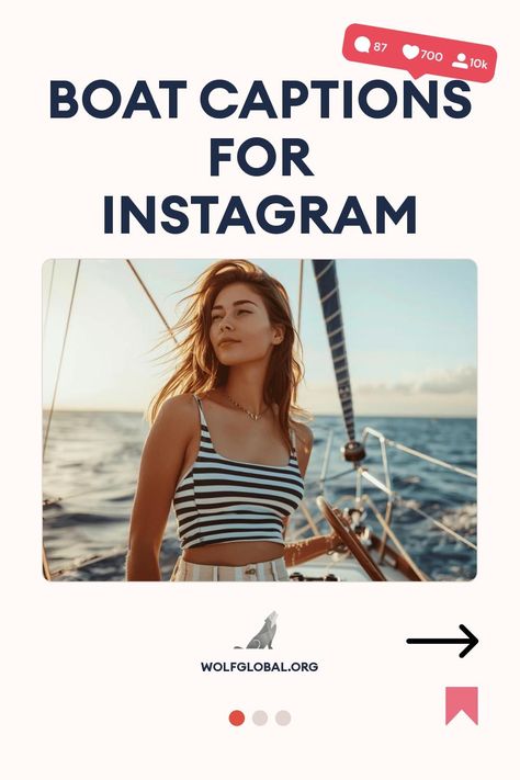 Promotional graphic for "Boat Captions for Instagram" with a woman on a sailboat.
Graphic with nautical-themed checklist phrases and a "Get 100+ More" button, promoting wolfglobal.org.
Happy woman with laptop, social media engagement ad with likes and comments icons. Boat Captions, Pedal Boat, Boat Humor, Float Your Boat, Lake Boat, Best Boats, Captions For Instagram, Calm Water, Set Sail