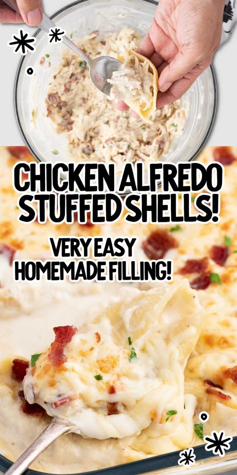 Our chicken alfredo stuffed shells are creamy and cheesy and make a hearty and delicious meal for a busy night. Chicken Alfredo Stuffed Shells Easy, Stuffed Chicken Alfredo Shells, Spaceshipsandlaserbeams Recipes, Crockpot Alfredo, Alfredo Shells, Chicken Alfredo Stuffed Shells, Alfredo Stuffed Shells, Cheesy Chicken Pasta, Stuffed Pasta