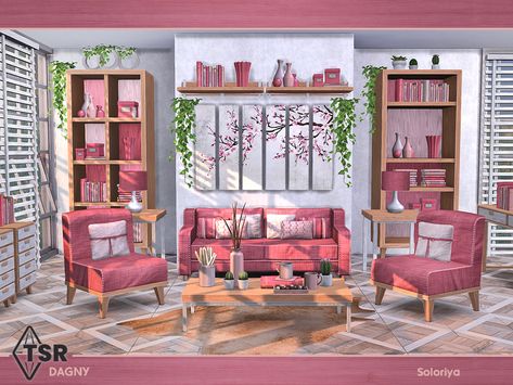 The Sims Resource - Dagny Sims 4 Living Room, Living Room Sims 4, Sims 4 Cc Furniture Living Rooms, Sims Inspiration, Sims 4 Bedroom, Cc Furniture, Rose House, Pink Furniture, Pink Living Room