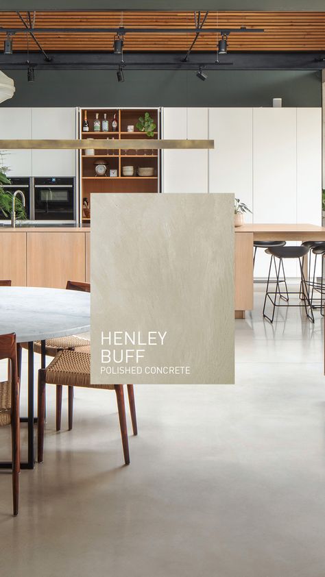 Henley Buff allows you to create a warmer, more welcoming vibe than you get with most other concrete tones. The light shade also helps to brighten rooms up, especially ones that aren’t well lit. / #architecture #interiordesign #homeideas Concrete Floor Design Ideas, Stained Polished Concrete Floors, Concrete Floors Colors, Polished Concrete Floor Outdoor, Light Brown Concrete Floors, Polished Concrete Floor Kitchen Rustic, Cream Polished Concrete Floor, Light Stained Concrete Floors, Corian Neutral Concrete