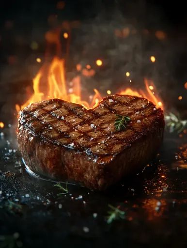 ↑↑↑ Larger size on website 🔸 A perfectly grilled steak, shaped like a heart, sits on a dark surface. The steak is glistening with Grilled Steak, A Heart, Steak, Grilling, Salt, Essence, Yummy Food, Herbs