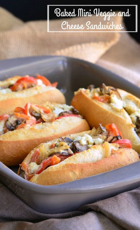 Baked Mini Veggie and Cheese Sandwiches | from willcookforsmiles.com Will Cook For Smiles, Hot Sandwiches, Smoked Sausage Recipes, Cheese Sandwich Recipes, Sandwich Ideas, Healthy Meat Recipes, Gourmet Sandwiches, Meatless Recipes, Herb Cheese