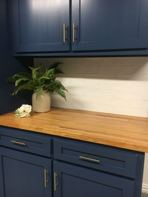 Navy White And Natural Wood Kitchen, Navy Cabinets Wood Countertop, Dark Blue Kitchen Wooden Worktop, Navy Blue Kitchen Wooden Worktop, Navy Blue Kitchen With Wood Countertops, Navy Blue Cabinets With Butcher Block, Blue Cabinets Wood Countertop, Dark Navy Cabinets Kitchen, Navy Blue Cupboards