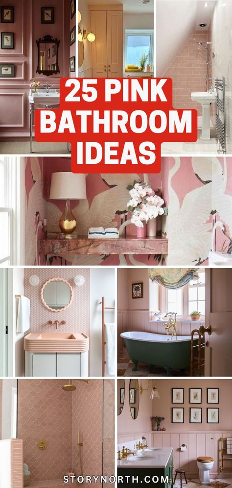 Save this pin for 25 stunning pink bathroom ideas to brighten up your home decor. Discover creative ways to add a pop of color with these stylish designs. #PinkBathroom #HomeDecorIdeas #InteriorDesigninspo Traditional Pink Bathroom, Pink Bathroom Walls Paint, Midcentury Modern Pink Bathroom, Boho Bathroom Decor Ideas On A Budget, Vintage Pink Tile Bathroom Makeover, Pink Tile Bathroom Decor, Pink Accent Bathroom, Pink And Gray Bathroom Ideas, Feminine Bathroom Decor Ideas