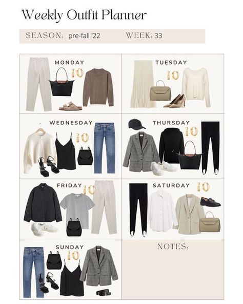 One Week Outfit Plan, Outfit Nieve, Weekly Outfit Planner, Work Travel Outfit, Classic Chic Outfits, Styling Business, Clothes Capsule Wardrobe, Career Ladder, Capsule Wardrobe Women