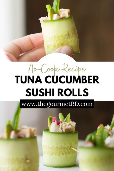 Tuna sushi rolls on a white marble backdrop. Healthy Sushi Rolls, No Sugar Snacks, Cucumber Sushi Rolls, Tuna Cucumber, Tuna Sushi Rolls, Cucumber Sushi, Avocado Rice, Sushi Ingredients, Sushi Recipes Homemade