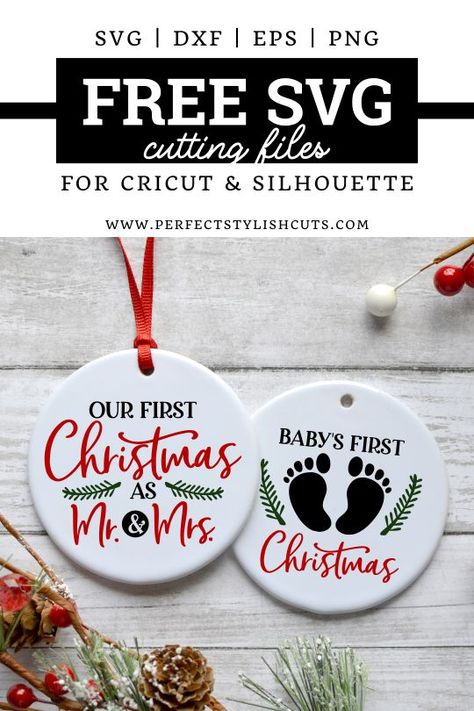 Download these 2 FREE Christmas Ornament SVG Files for Cricut Christmas ornaments. Free Our First Christmas As Mr & Mrs SVG File. Free Baby's First Christmas SVG File. Free Ornament Svg, First Christmas Svg Free, Christmas Svg Files Free, Agape Gifts, Fun Svg, Ornaments Ideas, Sublimation Gifts, Ornament Designs, Cricut Supplies