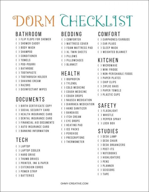 Getting ready to send your child to college? One of the first things that is helpful is a College Packing List Free Printable or checklist. OHMY-CREATIVE.COM | College Dorm Checklist Printable | College Packing List | College Dorm List | College Checklist | College Necessities | #college #collegechecklist #collegedormlist #dorm Dormitory Design, Packing List Free Printable, College Dorm List, Dorm List, College Packing List, College Dorm Checklist, Dorm Room Checklist, Dorm Checklist, College Necessities