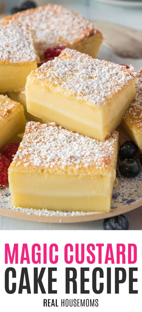 Magic happens in the oven when you make Magic Custard Cake! A simple mixture of milk, eggs, sugar, butter, vanilla, and flour is magically transformed into the multi-layer treat! #Realhousemoms #magic #custardpie #dessert #cake #summertreat #treat #patrioticholidaydessert #powderedsugar Lemon Ricotta Cake Recipes, Baked Custard Recipe, Custard Dessert Recipes, Vanilla Custard Recipe, Custard Recipe Easy, Recipe Using Milk, Cake Flour Recipe, Egg Custard Recipes, Magic Cake Recipes