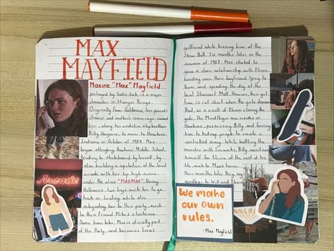 Heyy!! Hope you like this Max Mayfield from Stranger Things journal page!! Notebook Collage, Harry Potter Scrapbook, Stranger Things Max, Wallpaper Notebook, Max Mayfield, Stranger Things Art, Scrapbook Book, Stranger Things Characters, Bullet Journal Mood