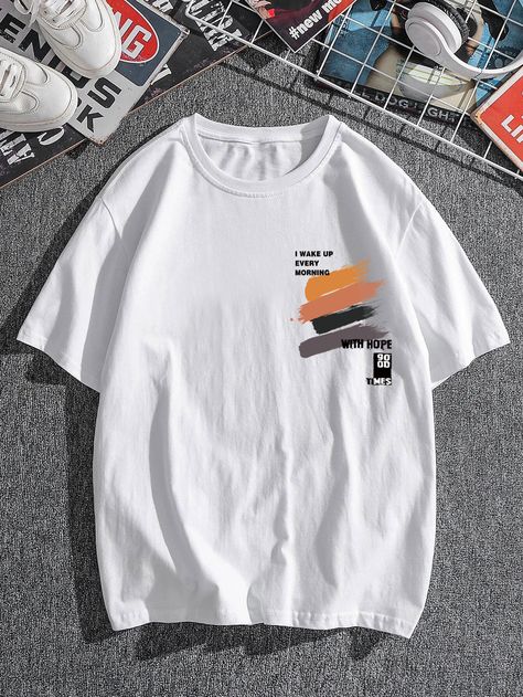 White Casual  Short Sleeve Cotton Blends Slogan   Slight Stretch Summer Men Tops Aop Print, Teen Shirts, Shirt Art, I Wake Up, Streetwear Tshirt, Men Tops, Tank Top Hoodie, Wake Me Up, White Casual