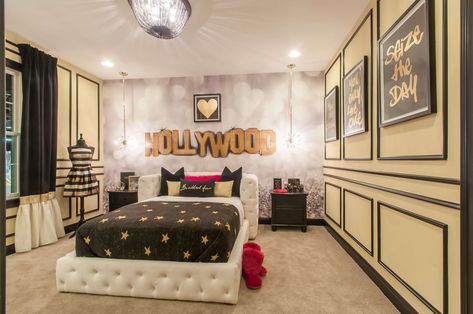 Broadway Themed Bedroom, Movie Theme Bedroom, Hollywood Themed Bedroom, Theatre Bedroom, Broadway Bedroom, Hollywood Room, Hollywood Bedroom, Music Themed Bedroom, Fischer Homes