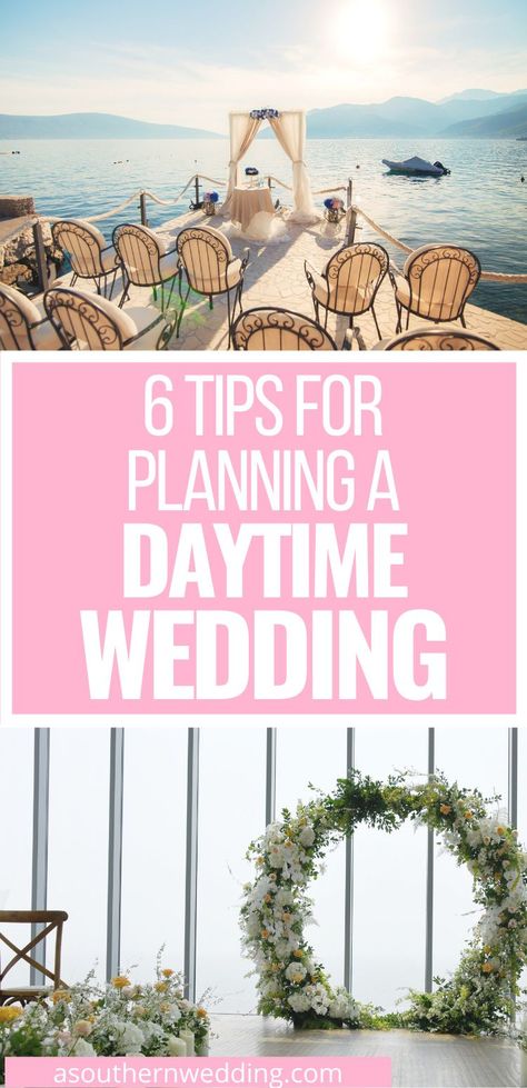 Plan the perfect daytime wedding reception and ceremony with these 6 easy-to-follow tips! #daytimewedding #daywedding #daytimeweddingceremony #daytimeweddingreception #weddingduringtheday #untraditionalwedding #weddingideas #weddingplanning #weddingplanningtips #weddingplanner #weddinginspiration #weddinginspo Morning Wedding Reception, Daytime Wedding Reception, Afternoon Wedding Reception, Wedding Venues In Texas, Wedding Cermony, Wedding Planning Boards, Wedding Day Schedule, Wedding Planning Binder, Reception Ceremony