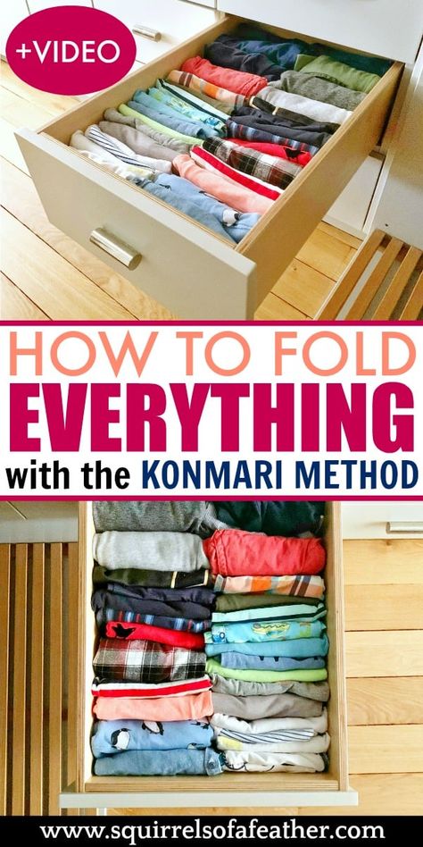 BEST KonMari folding guide EVER!!! I am on a minimalist lifestyle journey and this helped me immensely with understanding how to declutter and organize my drawers through vertical folding. Perfect for DIY organization fanatics! #konmarimethod #howtofold #declutteringtips #bedroomorganization Clothing Tutorial, Marie Kondo Organizing, Konmari Folding, Declutter And Organize, Clothes Closet Organization, Shirt Folding, Folding Laundry, Clothes Organization Diy, Konmari Method