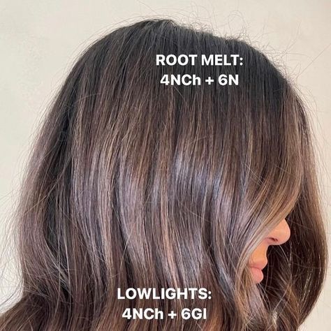 BEACH INSPIRED COLORIST + EDUCATOR on Instagram: "Rich brunette melt 🤎 - lowlight thick + bold pockets of depth - fill remaining hair if needed - melt down root for extra bend - finish with a global gloss If you are wanting a warmer brunette make sure to add warmth to your formula with @redken NCh series! They do have ash/blue tones so remember this when formulating. #btconeshot2023_brunettes #btconeshot2023_balayage @oneshothairawards" Brunette Root Melt, Root Melt Brunette, Color Formulations, Hair Formulas, Ash Balayage, Brunette Roots, Root Melt, Reverse Balayage, Hair Education