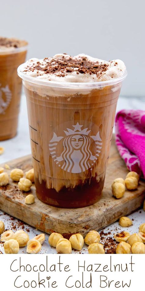 Chocolate Hazelnut Hazelnut Cold Brew {Starbucks Copycat} -- On the search for the perfect cold brew flavor combination? The Starbucks Chocolate Hazelnut Cookie Cold Brew combines smooth cold brew with hazelnut syrup, chocolate cold foam, and a crumbled cookie topping. And it's so easy to make at home with this copycat recipe! via @wearenotmartha Hazelnut Latte Recipe, Chocolate Cold Foam, Speciality Coffee Recipes, Hazelnut Creamer, Starbucks Chocolate, Chocolate Hazelnut Cookies, Coffee Flavors, Cold Brew Recipe, Hazelnut Cookies