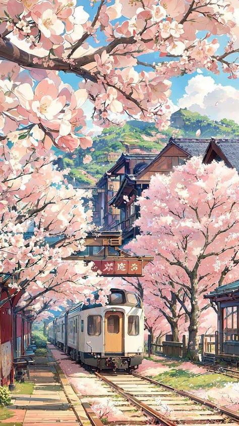 Cherry Blossom Trees Train Station Japan IPhone Wallpaper HD - IPhone Wallpapers : iPhone Wallpapers Honey Works, Look Wallpaper, Iphone Wallpaper Hd, Japan Illustration, Nature Iphone Wallpaper, Iphone Wallpaper Images, Cool Wallpapers Art, Poster Pictures, Wallpapers Iphone