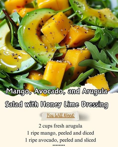 Ina Garten | 🥭 Mango, Avocado, and Arugula Salad with Honey Lime Dressing 🥗 | Facebook Salad With Honey Lime Dressing, Honey Lime Dressing, Perfect Dinner Party, Mango Avocado, Avocado Salad Recipes, Honey Lime, Lime Dressing, Arugula Salad, Ripe Avocado