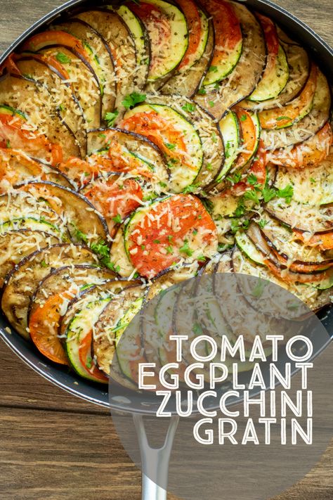 Zucchini Eggplant Tomato Gratin, Eggplant Zucchini Gratin, Aubergine And Zucchini Recipe, Dinners With Eggplant, Eggplant Squash Tomato Recipe, Eggplant Gratin Recipes, Tomato Eggplant Zucchini Bake, Zucchini Eggplant Bake, What Can I Make With Eggplant