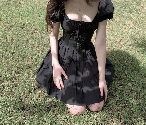 Black Sundress Aesthetic, Goth Sundress Outfit, Alt Sundress Outfit, Soft Goth Clothes, Alt Sundress, Dark Sundress, Gothic Fairy Outfit, Goth Summer Dress, Soft Goth Aesthetic Outfits