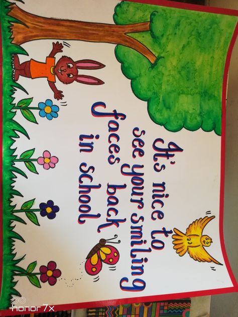 School Chart Ideas Classroom, Chart For Notice Board, Craft Ideas For Notice Board, Welcome Back To School Chart Ideas, Welcome Charts For School, Chart Paper Drawing Ideas, School Opening Decoration Ideas, Attendance Chart Ideas For Kindergarten, Welcome Chart Ideas