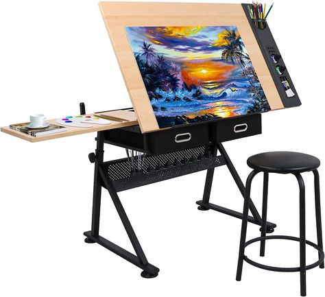 ZENY Drafting Table Art Desk Drawing Table Height Adjustable Artist Table Tilted Tabletop w/Drafting Stool and Storage Drawer for Reading, Writing, Crafting. Perfect for Diamond Art. Drawing Table Desk, Wood Drafting Table, Artist Table, Desk Drawing, Artist Desk, Drawing Desk, Drafting Tools, Craft Station, Drafting Table