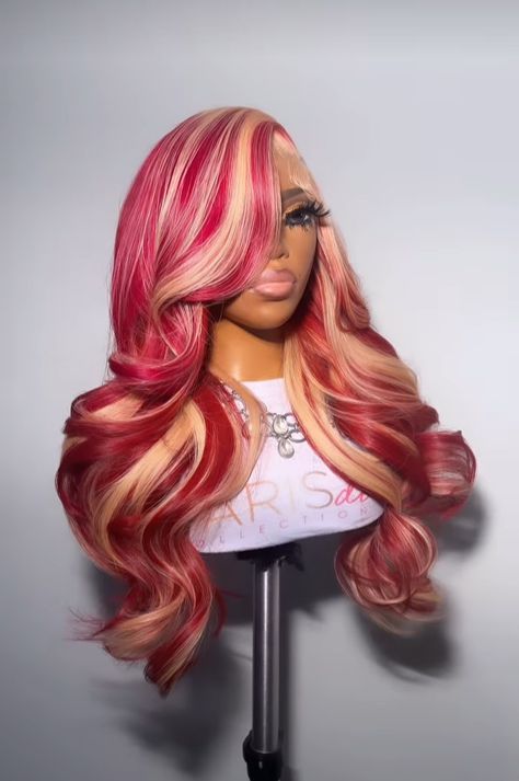 Blonde And Red Highlights Black Women, Red And Blonde Wig For Black Women, Red Club Outfits Black Women, Blonde And Red Wig, Exotic Wigs, Peach Wig, Wig Installs, Exotic Hairstyles, Short Ombre Hair