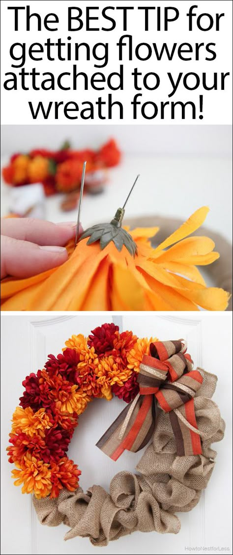 Trick for putting flowers on a wreath with pins instead of hot glue! LOVE THIS!!! Flower Fall, Burlap Flower Wreaths, Burlap Flower, Door Diy, Burlap Flowers, Wreath Fall, Fall Decorations, Fall Diy, Wreath Crafts