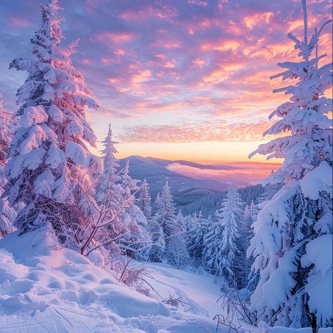 Winter Wonderland Sunrise: A breathtaking sunrise paints the sky in vibrant hues over a serene snow-covered mountain landscape. #winter #sunrise #snow #nature #landscape #trees #sky #morning #aiart #aiphoto #stockcake https://ayr.app/l/g62H Snow Scenes Winter Landscape, Winter Wonderland Aesthetic, Winter Scapes, Snowy Sunrise, Snow Sunrise, Sunrise Winter, Sunrise Images, Snow Covered Mountains, Wonderland Aesthetic