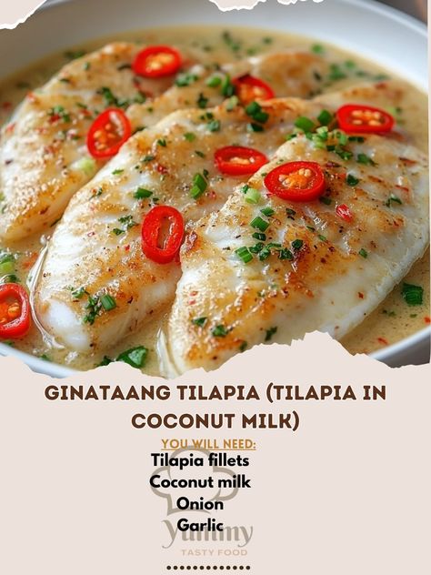 🌴 "Indulge in Ginataang Tilapia—a creamy and savory tilapia dish in rich coconut milk! 🐟🥥 #GinataangTilapia #CoconutMilk" Ginataang Tilapia (Tilapia in Coconut Milk) Ingredients: Tilapia fillets (500 g) Coconut milk (1 can, 400 ml) Onion (1, chopped) Garlic (4 cloves, minced) Ginger (1 tbsp, minced) Tomatoes (2, chopped) Fish sauce (2 tbsp) Red chili (1, sliced, optional) Oil (2 tbsp) Salt and pepper (to taste) Green onions (2, chopped, for garnish) Instructions: Heat oil in a pan and sau... Ginataang Tilapia, Tilapia Fillet Recipe, Fish In Coconut Milk, Cocnut Milk, Tilapia Dishes, Chopped Garlic, Red Chili, Fish Sauce, Green Onions