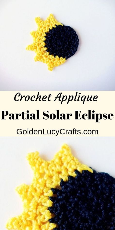 Crochet Partial Solar Eclipse Applique - GoldenLucyCrafts Partial Solar Eclipse, Crochet Thread Size 10, Crochet Feather, Crochet Applique Patterns Free, Crochet Coasters Free Pattern, Crochet Abbreviations, Crochet Supplies, Easy Crochet Projects, Crochet Bookmarks