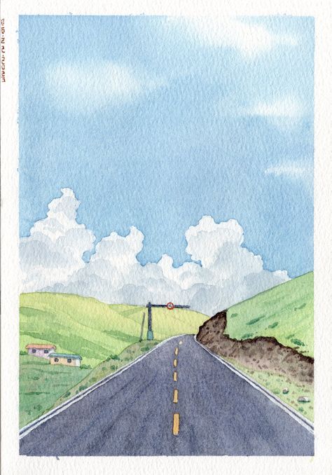 Blue Sky Landscape Painting, Watercolor Road Painting, One Point Perspective Watercolor, Watercolour Landscape Simple, Minimal Watercolor Art, Aesthetic Watercolour Painting Ideas, Watercolor And Line Art, Cute Landscape Drawing, Beginner Watercolor Painting Ideas