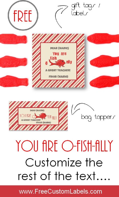 You-are-o-fish-ally-labels and bag toppers. Make a cute gift for teacher appreciation. The bag toppers can be customized online. Fish Printables, Free Printable Certificates, Labels Printables Free, Printable Certificates, Bag Topper, Bag Toppers, Free Labels, Teacher Appreciation Week, Fishing Gifts