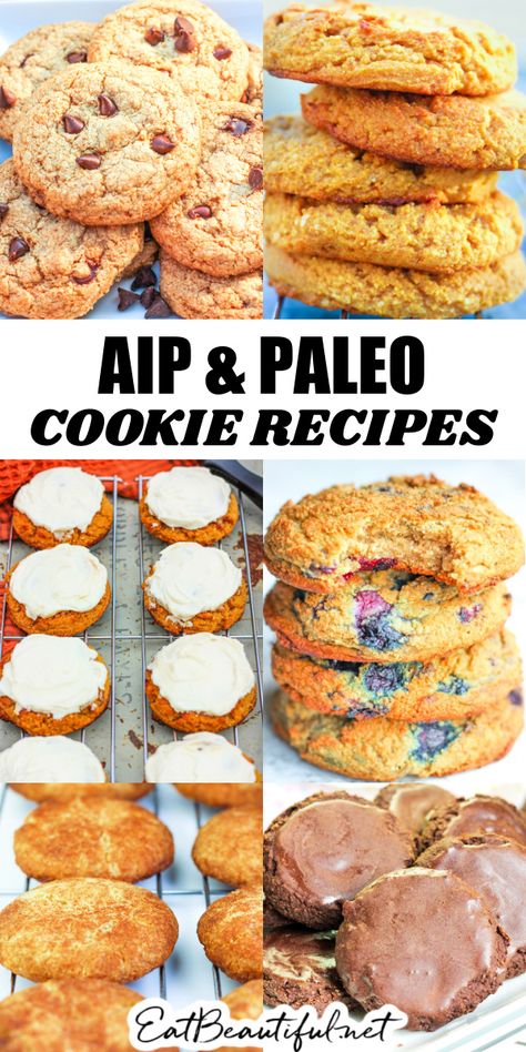 These AIP Cookie Recipes are egg-free, nut-free, dairy-free and Paleo. You'll find in this collection Berry Cookies, Banana Cookies, "Chocolate" Cookies, Chocolate Chip Cookies, Snickerdoodles, brownies and more. Great for Christmas, holidays in general and everyday treats. | Eat Beautiful Recipes | aip cookies | aip cookie recipes | aip holiday cookies | aip christmas cookies | paleo cookie recipes || #aip #cookies #holiday #christmas #recipes #cookie Aip Christmas Desserts, Aip Christmas Cookies, Antiflamatory Diet, Aip Cake, Aip Cookies, Paleo Cookie, Cookies Banana, Banana Breakfast Cookie, Berry Cookies