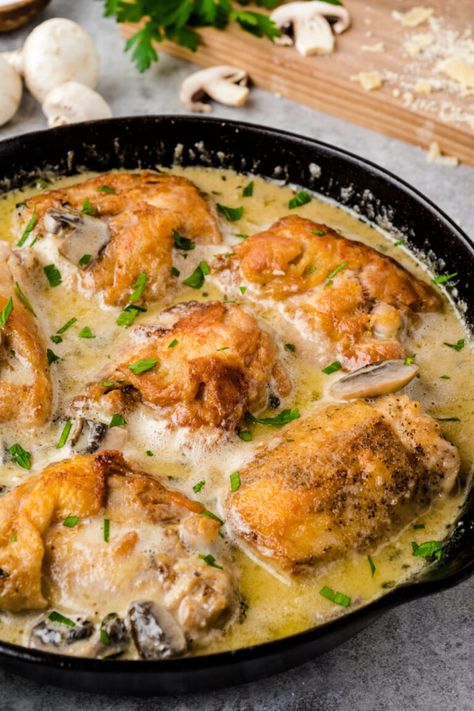 Chicken Thigh Skillet, Chicken Thighs Skillet, Mushroom Chicken Thighs, Creamy Chicken Dish, Cream Of Mushroom Chicken, Mushroom Garlic, Chicken Thighs Mushrooms, Chicken Breast Crockpot Recipes, Creamy Mushroom Chicken